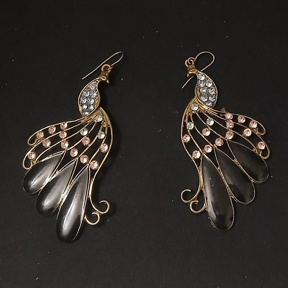 Vintage Gold Tone Peacock Earring With Pink And Blue Rhinestones